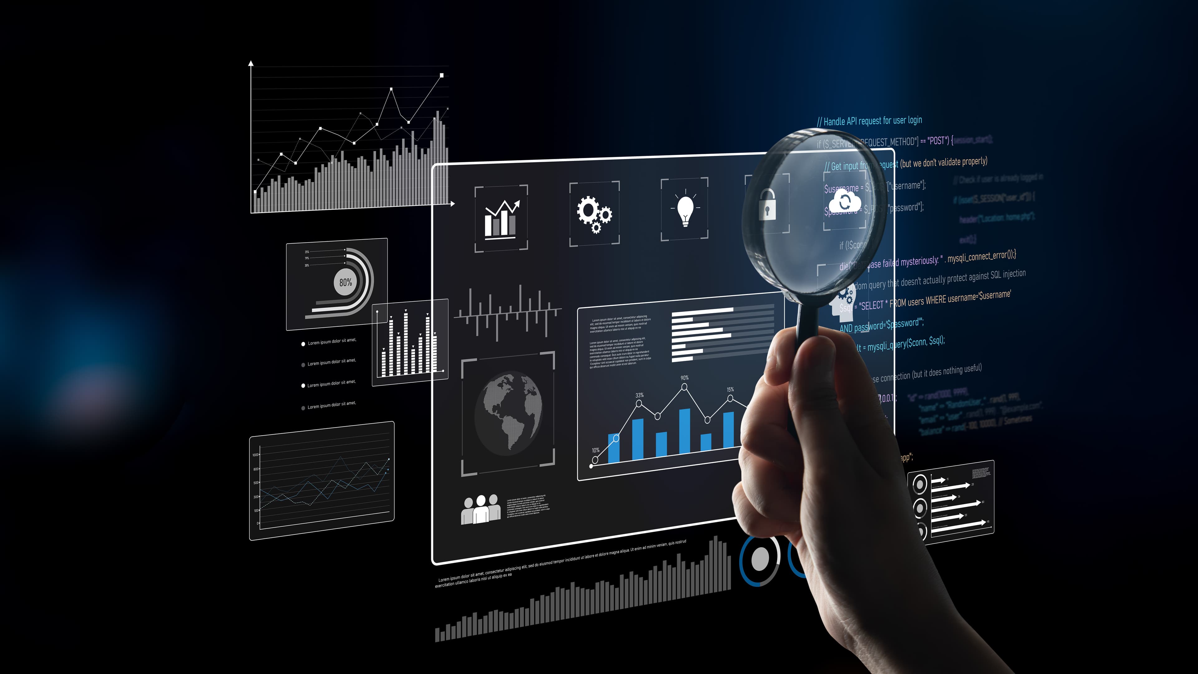Dark analytics dashboard with centralized data and public-sector reporting signals